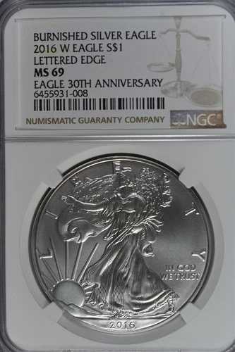 2016年 W シルバー アメリカンイーグル バーニッシュド - レターエッジ 30周年 NGC MS69