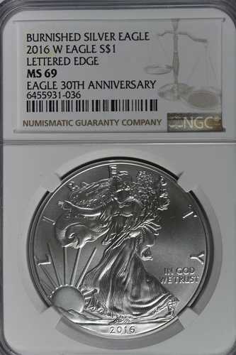 2016年 W シルバー アメリカンイーグル バーニッシュド - レターエッジ 30周年 NGC MS69