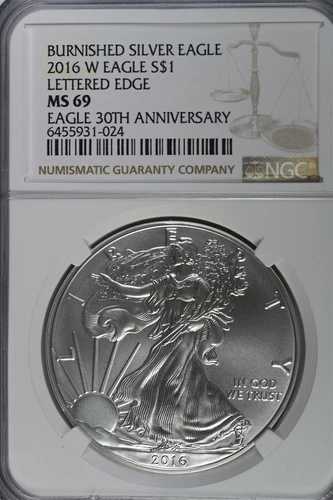 2016年 W シルバー アメリカンイーグル バーニッシュド - レターエッジ 30周年 NGC MS69