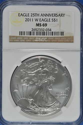 2011 W 1オンス シルバー アメリカンイーグル NGC MS 69 25周年記念