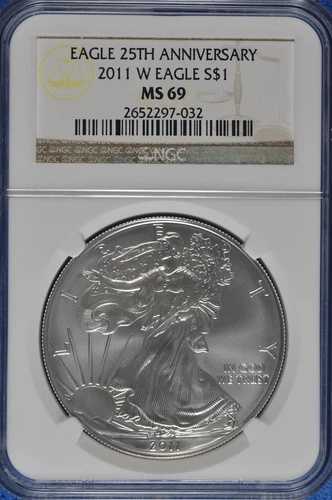 2011年 W バーニッシュ 1オンス シルバー アメリカンイーグル NGC MS 69 25周年記念
