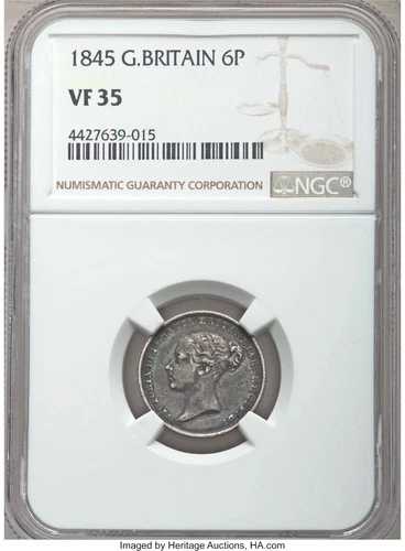 1845 6ペンス シックスペンス ビクトリア ブリテン タナー NGC VF35 シルバー