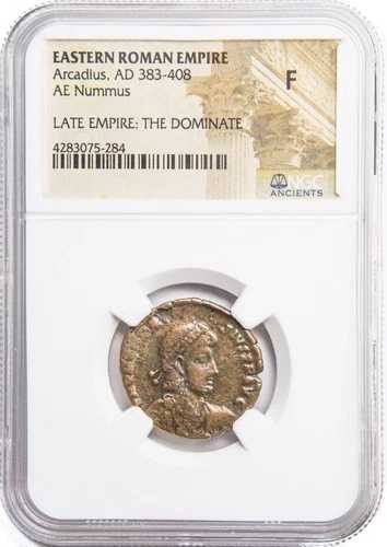 NGC ( F ) FINE ローマ時代のアルカディウスの AE2 ( AD383 - 408 ) NGC 古代美術認定 FINE