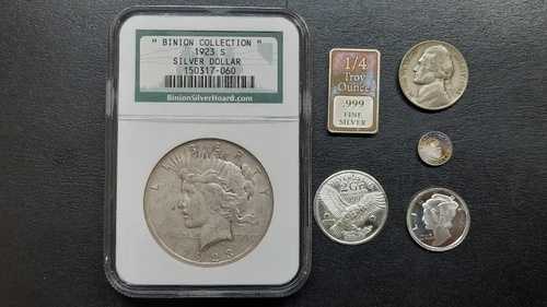 米国銀貨・地金ロット。1923-S 平和ドル、銀の延べ棒、銀塊 47,520円