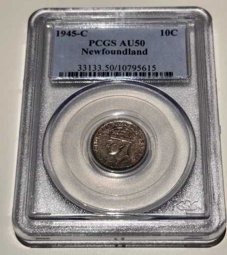 ニューファンドランド 1945-C 10セント 10セントダイム .925 シルバー PCGS 鑑定 AU-50