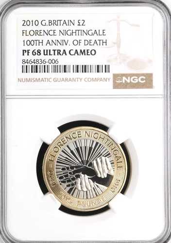 2010年 2ポンド フローレンス・ナイチンゲール プルーフ NGC PF68 英国コイン トーニング