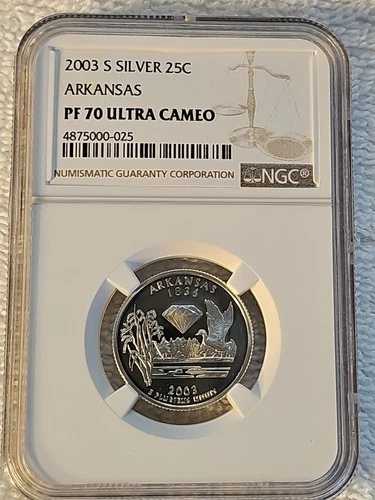 2003-S - シルバープルーフ アーカンソー州 25セント - NGC PF70 UCAM