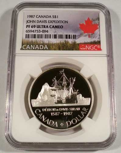 1987 NGC PF69UCAM カナダ シルバー ドル ジョン・デイビス エクスペディション S$1 ウルトラ カメオ