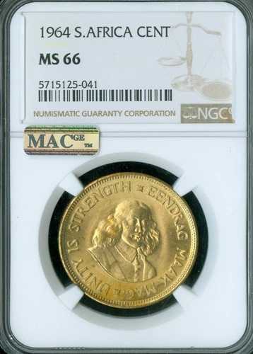 1964年 南アフリカ ハーフセント セント NGC MS66 PQ MAC スポットレス