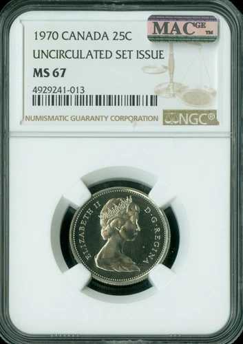 1970年 カナダ 25セント NGC MS67 PQ MAC スポットレス *