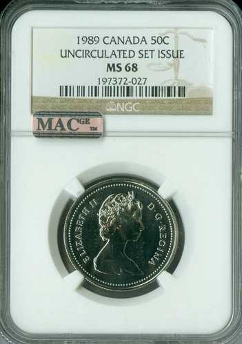1989 カナダ 50 セント NGC MS68 PQ MAC 最高級登録スポット *-