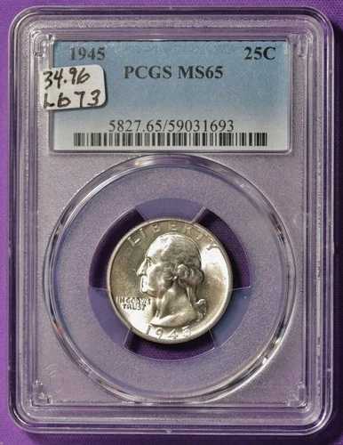 1945年ワシントン・クォーター。PCGSホルダー入り。MS65。L673