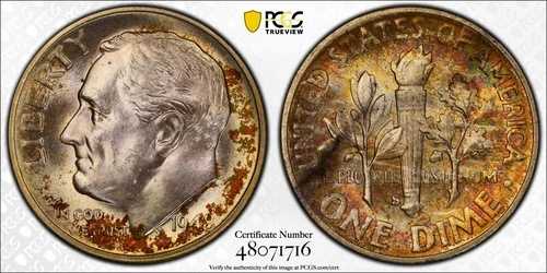 1948-S ルーズベルト ダイム、PCGS で MS66 と評価! カラー!!!