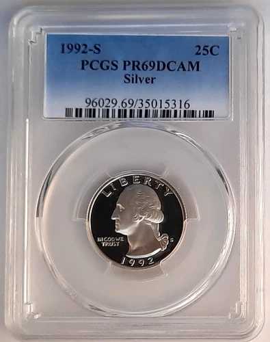 1992-S シルバー ワシントン クォーター - PCGS PR69 DCAM - 色あせたブルー ラベル。