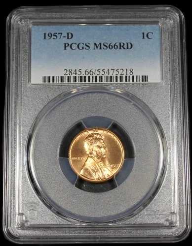 1957年 D リンカーン セント ウィート ペニー PCGS MS66RD UNC MS 66 RD 証明書 # 55475218