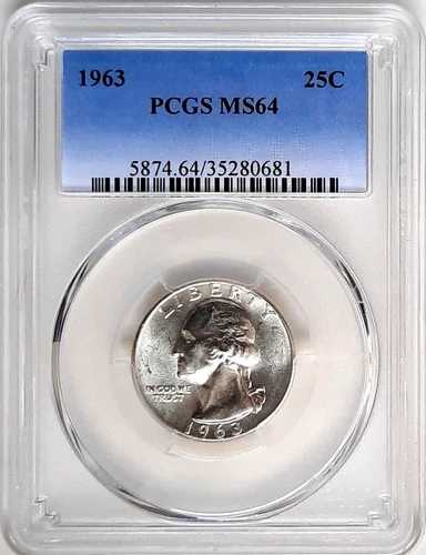 1963年-Pシルバーワシントンクォーター-PCGS MS 64-フェーディングブルーラベル-