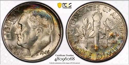 1946年 D シルバーダイム レインボートーン MS66 PCGS ゴールドシールド トナートーン