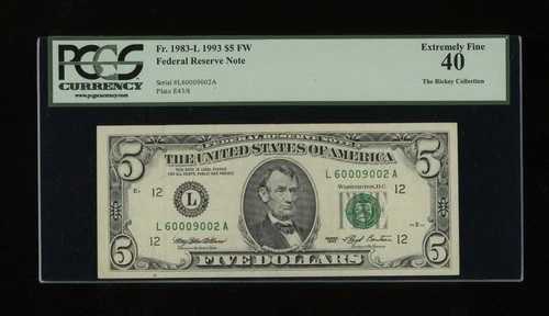 DBR 1993 $5 FRN サンフランシスコ Fr. 1983-L PCGS XF-40 シリアル L60009002A