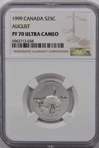 カナダ 1999 25セント シルバー NGC プルーフ 70 ウルトラカメオ 8月 パーフェクト 70 NG1601 co