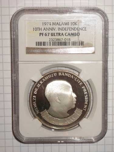 マラウイ 10 クワチャ 1974 独立、NGC PF 67 UC-