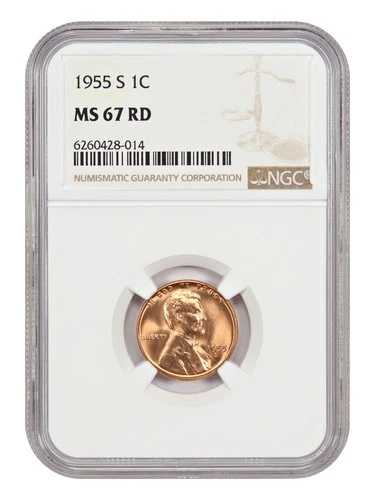 1955-S 1C NGC MS67RD - リンカーン・セント（小麦裏面）