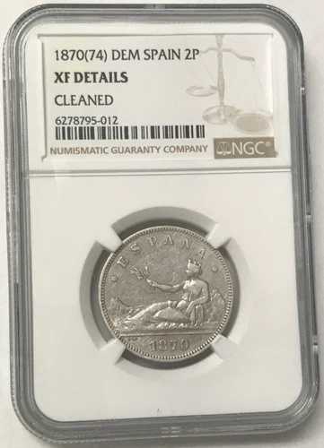 1870(74) DEM スペイン 2P 10g .835 シルバー 2ペセタ - NGC XF 詳細クリーニング済み