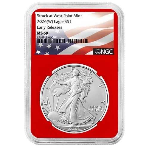プレセール - 2026 (W) $1 1オンス アメリカンシルバーイーグル NGC MS69 ER フラッグラベル レッドコア