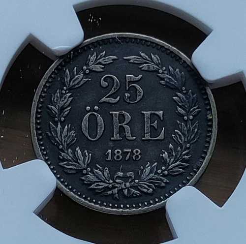 スウェーデン 1878年 EB 25 鉱石 NGC XF Det. CV XFで325ドル。高グレードは非常に硬質。