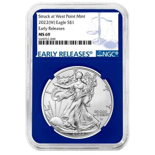 2022年 (W) $1 1オンス アメリカン シルバー イーグル NGC MS69 ER ブルーラベル ブルーコア