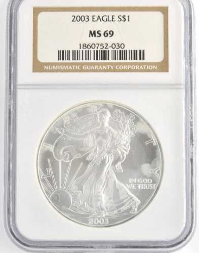 2003年 $1 ASE NGCグレード MS69 .999 良質アメリカンシルバーイーグルコイン地金スラブ