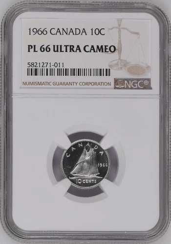 1966年 シルバーダイム エリザベス2世 10セント カナダ KM#51 NGC PL-66 ヘビー/ウルトラカメオ