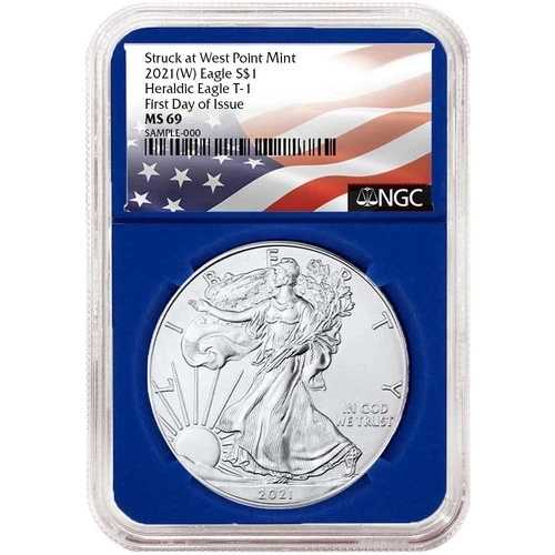 2021年 (W) $1 1オンス T-1 アメリカンシルバーイーグル NGC MS69 FDIフラッグラベル ブルーコア