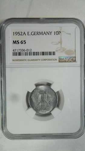ドイツ DDR 10 ペニッヒ、1952 A、NGC MS 65 キーデート