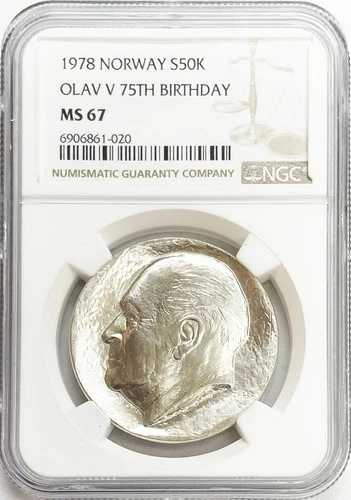 1978年 ノルウェー 銀製 高浮き彫り 75歳誕生日 オラヴ5世 50クローネ NGC MS 67