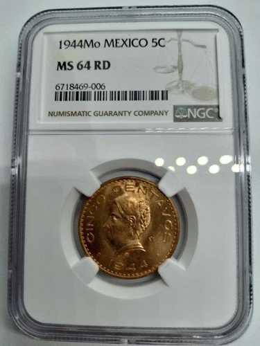 1944 メキシコ 5 センタボス ブロンズ コイン NGC MS64RD