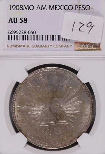 1908年 Mo AM メキシコ 銀貨 1ペソ NGC AU-58