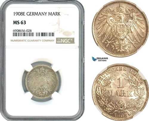 AK211、ドイツ、ヴィルヘルム2世、1マルク1908年E、ムルデンヒュッテン造幣局、銀貨、NGC MS63