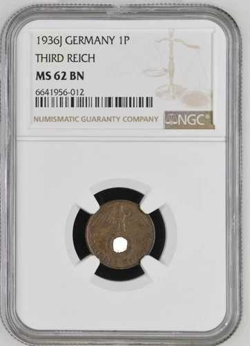 第三帝国 1 ライヒスフェニヒ 1936 J 希少 NGC MS 62 BN POP 1/2 ライプツィヒ-