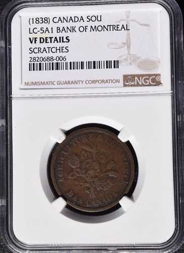 1838年カナダ1Sou、バンク・オブ・モントリオール、NGC VF詳細 - スクラッチ、LC-5A1
