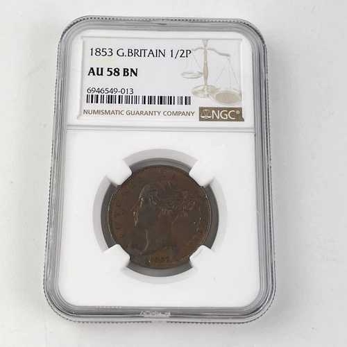 NGC認定 1853年 イギリス 1/2ペンス ハーフペニー ほぼ未使用 AU 58 BN コイン
