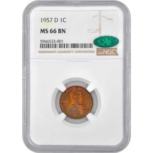 1957-D 1C リンカーン・ウィート・セント・ペニー NGC MS66BN CAC - 美しい両面トーニング