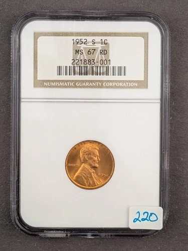 1952年 Sリンカーン小麦セント - NGC MS67RD (220)