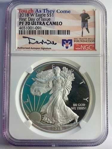 2018年 Wプルーフ シルバーイーグル NGC PF70 UCAM - トラヴィス・ミルズ直筆サイン入り タフ・アズ・ゼイ・カム