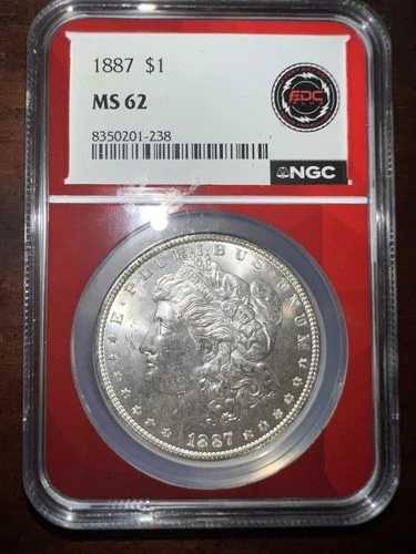 1887-P 1ドルモルガン銀貨 NGC証明書 MS 62 - 日付が古く、美しい！レッドコア！