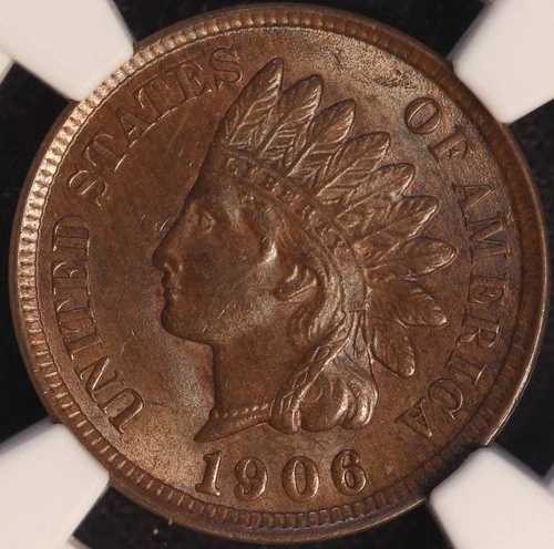 1906 年インディアン セント、NGC MS64BN、非常に優れた未使用品、鮮明な打痕、光沢あり!