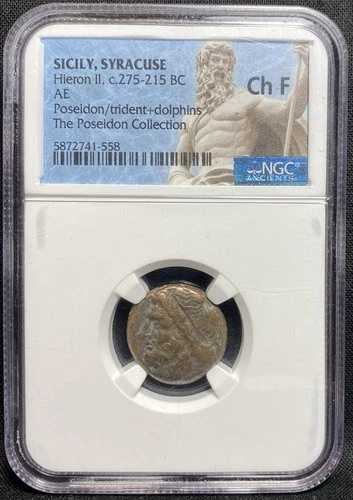 シチリア島 シラクサ 紀元前275-215年、ヒエロン2世 AE ポセイドン ドルフィン トライデント コイン、NGC Ch F