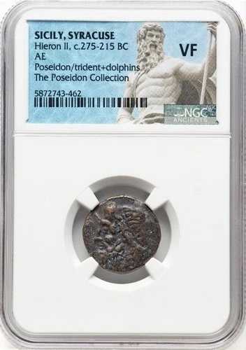 シチリア島 シラクサ 紀元前275-215年、ヒエロン2世 AE ポセイドン ドルフィン トライデント コイン、NGC VF