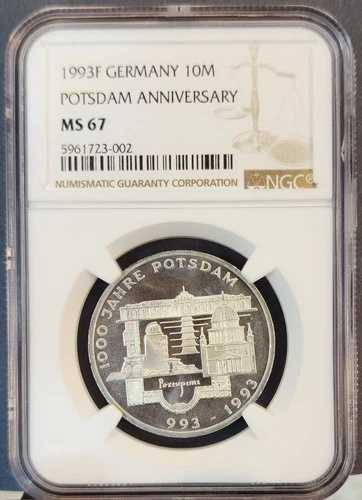 1993年 ドイツ シルバー 10マーク S10M ポツダム記念 NGC MS 67 ジェム BU トップポップ