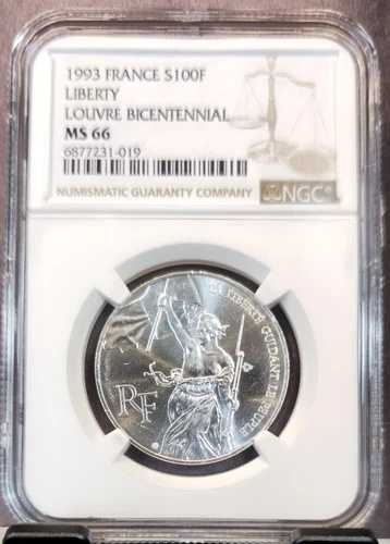1993年 フランス 銀貨 100フラン リバティ ルーブル美術館 200周年記念 NGC MS 66 トップポップ 1