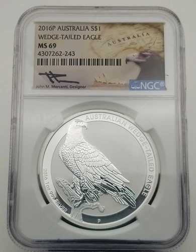 2016-P オーストラリア シルバー $1 ウェッジテール イーグル NGC MS69 メルカンティ サイン入り #3427-